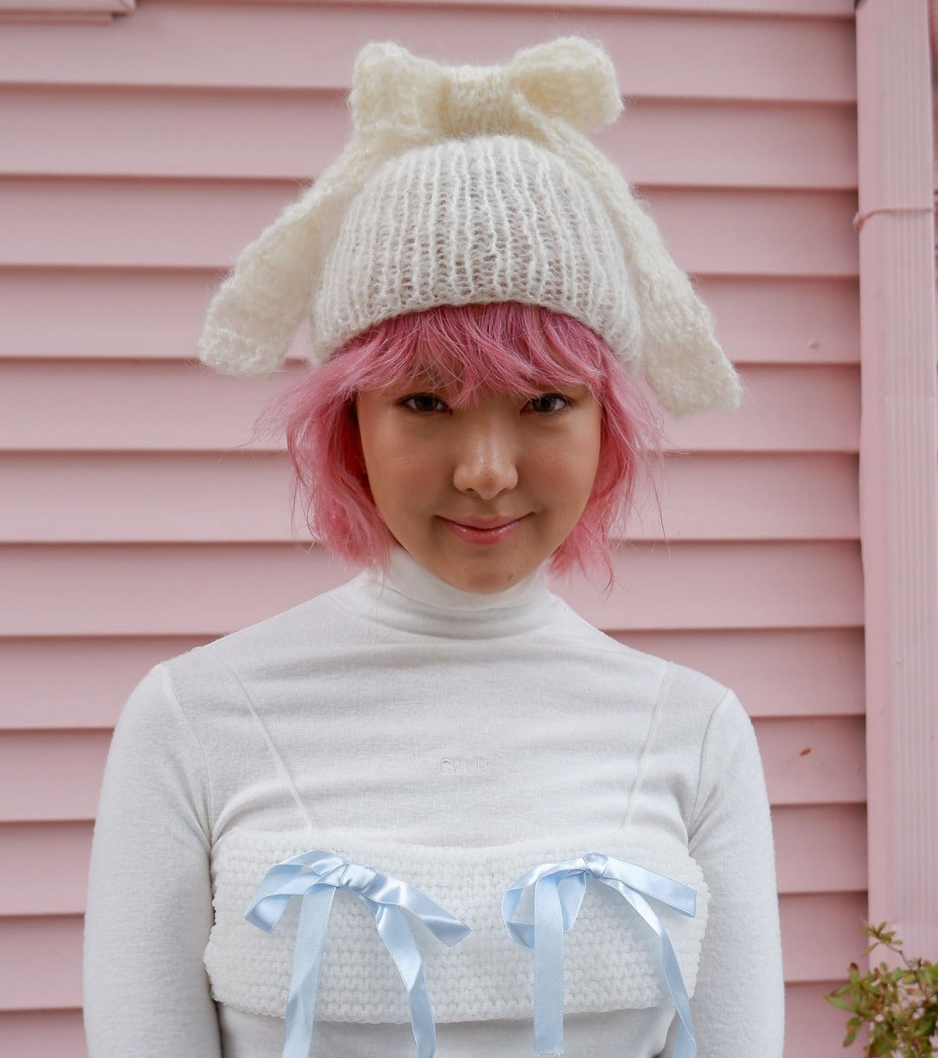 Mohair bow knit hat